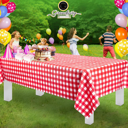 Grandipity 12 Pack Premium Disposable Plastic Picnic Tablecloth - 54" x 108" Red Checkered Gingham Table Cover