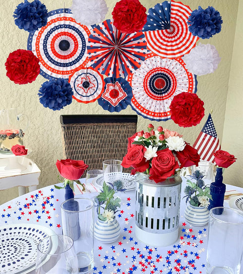 29PCS 4th of July Patriotic Decorations Set, Red White Blue Paper Fans, USA Flag Pennant, Star Streamer, Pom Poms,