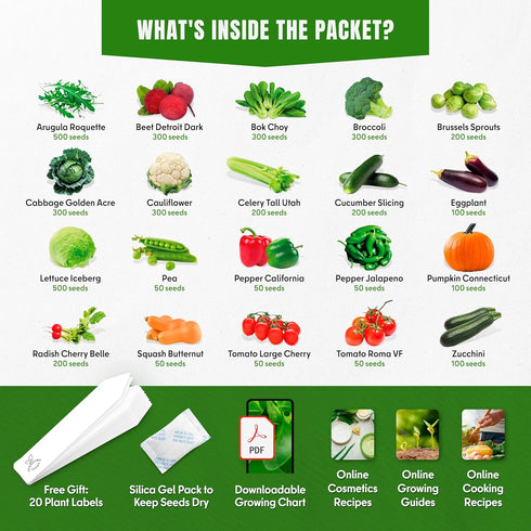 Pack 20 3900+ Vegetable Seeds Variety Tomato, Cucumber, Zucchini, Lettuce, Broccoli & Cabbage Varieties, Non-GMO