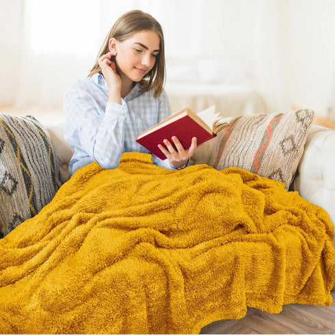 Cozy 60x80 PAVILIA Sherpa Throw Blanket for Couch Sofa, Mustard Yellow Fluffy Warm Plush Blanket for Twin Bed, Super