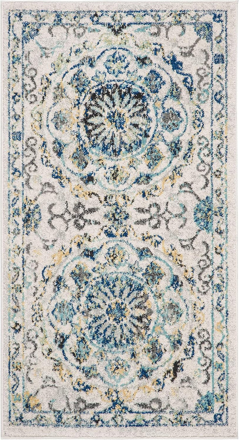 SAFAVIEH Evoke Collection Accent Rug (2'2" x 4', Ivory & Blue, Boho Design, Non-Shedding, Easy Care)