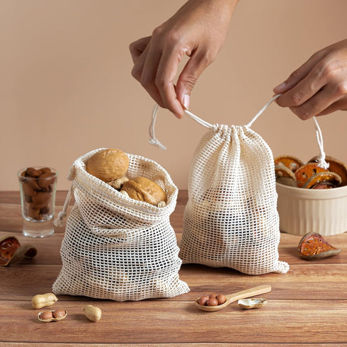 PALTERWEAR 100% Natural Cotton Double Drawstring Mesh Bag - For Herbs, Nuts, Spices, Set of 5