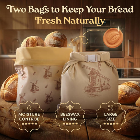 Trs Fresh (2 Pack) 17"x13" Beeswax Bread Bag for Sourdough - Reusable Waxed Bread Bags for Homemade Bread Storage