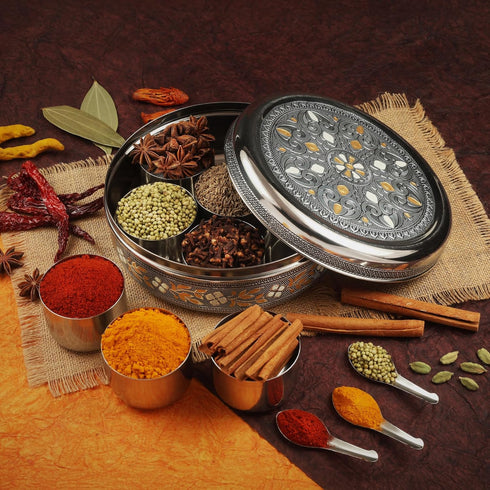 7 7 7 (9 Inch) KSJONE Designer Spice Box, Spice Jars, Holds Spices, Steel Spice Container with Spoons, Storage