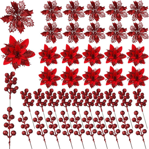 60 6 Poinsettia Pcs Silver Styles Christmas Artificial Flowers with Glitter Berries Stems Tree Picks for Christmas Tree