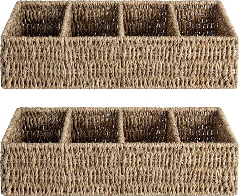StorageWorks Small Baskets for Organizing, Handwoven Seagrass Baskets with 4 Sections, 2 Pack for Shelves, Pantry,