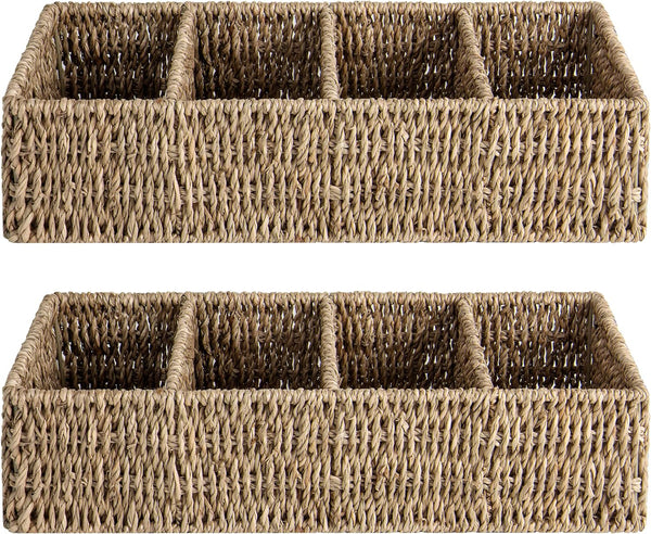 StorageWorks Small Baskets for Organizing, Handwoven Seagrass Baskets with 4 Sections, 2 Pack for Shelves, Pantry,