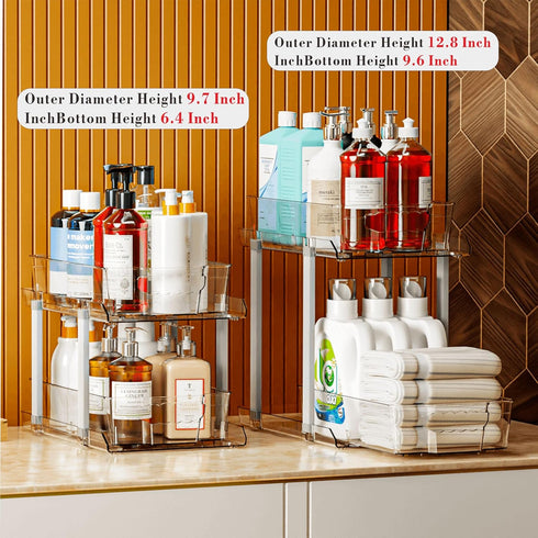 SuoXing 12.8" Tall 2 Tier Bathroom Cabinet Organizer, Set of 2 Clear Pull-Out Under Sink Organizers