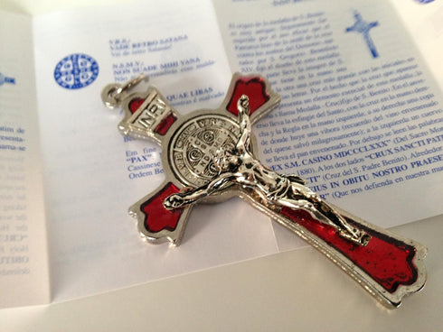 Hand Made St Benedict Cross Medal Crucifix, 3" Tall, Silver Plated with Red Enamel