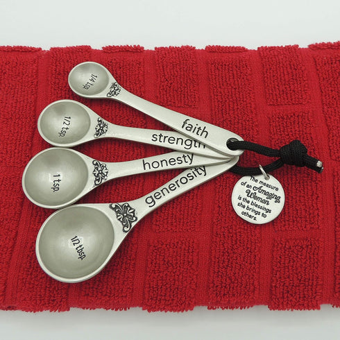 Amazing Woman Measuring Spoon Set, Decorative Kitchen Accessories, 4 Spoons, Engraved Pewter and Silver Enamel