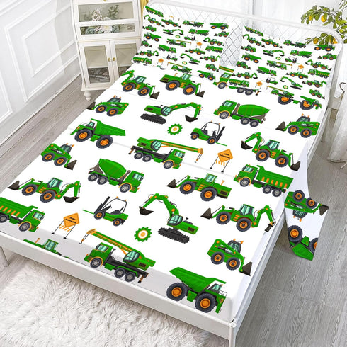 Set 4PC Set 1 1 2 Sheet Green Tractor: Full Size Cartoon Excavator Truck Bed Sheets for Boys Kids Toddler Deep Pocket