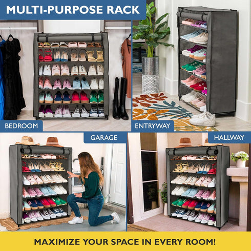 6 Closet, 30 Sundaze Shoe Rack with Cover - Tier Shoe Rack for Front Door Entrance, Sturdy Tall Shoe Organizer
