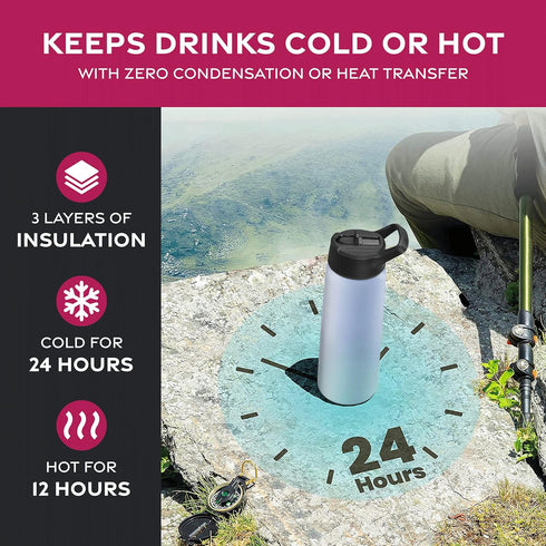 FineDine 25 Oz Triple Walled Insulated Water Bottles with Straw - Stainless Steel Metal Bottle with 3 Leak Proof Lids -