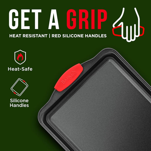 Nonstick Cookie Sheet Pan, Carbon Steel Oven Tray with Red Silicone Handles, Medium Bakeware Pan with Gray Coating