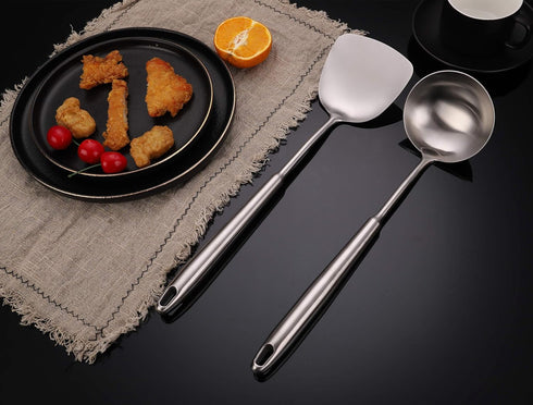 FJNATINH Wok Spatula and Soup Ladle Set, 304 Stainless Steel Utensil Tools Set, 2 Pieces for Cooking Kitchen