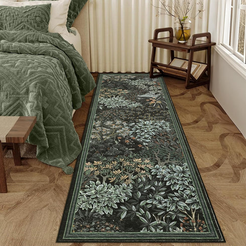 2x6 GarveeHome Forest Runner Rug, Black Green Washable Runner Rug for Kitchen, Botanical Low Pile Non Slip Stain