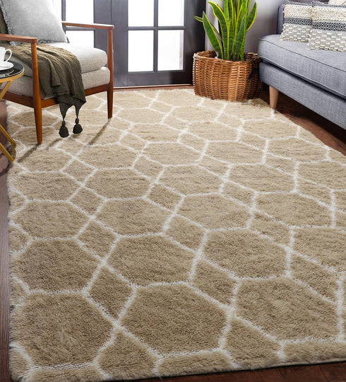 5x7 ONASAR Area Rugs for Living Room Bedroom, Fluffy Beige and White Shag Rug, Geometric Boho Soft Plush Shaggy Floor
