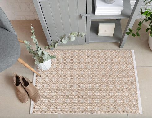 THE BEER VALLEY Diamond Woven Rug 2'x3' - Beige, Anti-Slip Cotton Accent Rugs for Kitchen, Entryway, Bathroom