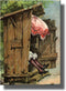 A Woman with Umbrella in Ladies Outhouse Toilet Picture, Stretched Canvas Wall Art Decor