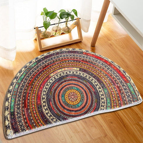 Semi Circle Bathroom Floor Rug, Half Round Door Mat, Mandala Boho Non-Slip Absorbent Bath Mat, Multicolor