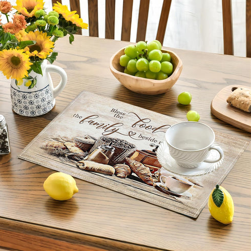 Set 4, 12x18 Inch Christian Coffee Placemats of Bless The Food Before Us Place Mats, Religious Table Mats for Kitchen