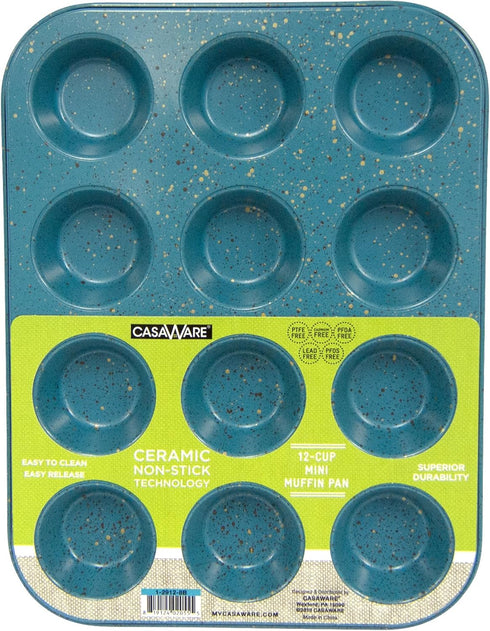 casaWare Mini Muffin Pan, 12 Cup Ceramic Coated Non-Stick (Blue Granite)