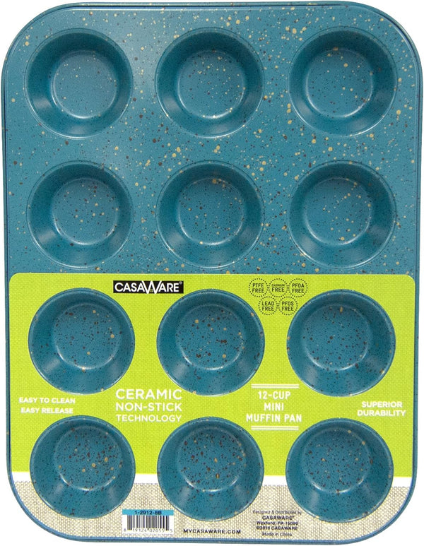 casaWare Mini Muffin Pan, 12 Cup Ceramic Coated Non-Stick (Blue Granite)