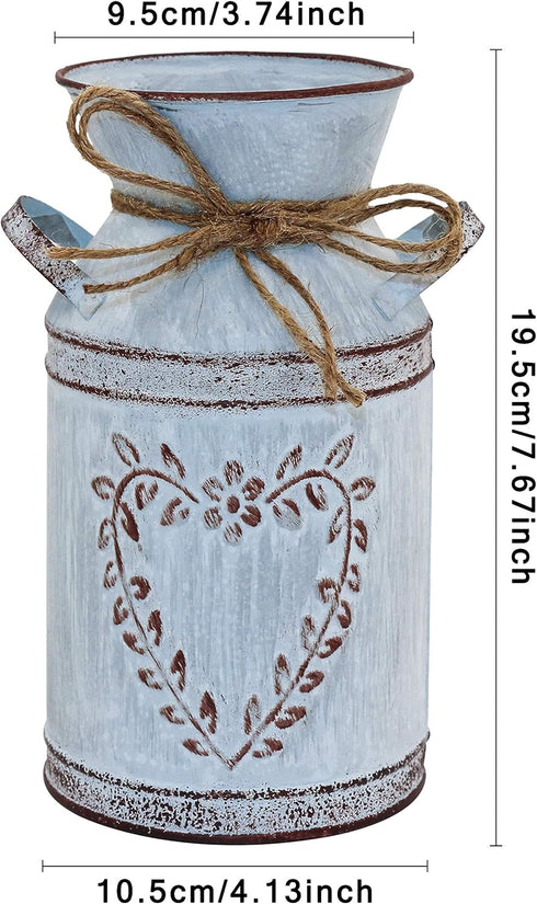 Rustic Shabby Chic Galvanized Milk Can Vase with Handle, Vintage Farmhouse Flower Vase for Centerpieces, 7.7"