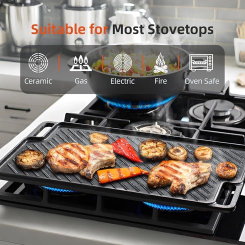 Reversible Pre-Seasoned Cast Iron Griddle Plate | 1-Piece 16.50 Inch Grill Pan for Gas Stovetop & Oven Use