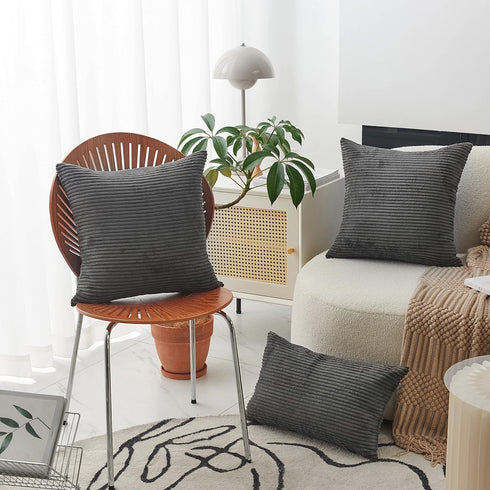 Home Brilliant 24x24 Decorative Pillow Cover | Striped Corduroy Soft Velvet Euro Sham Cushion Cover, Dark Grey