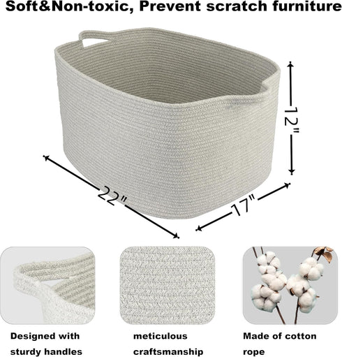 Large Rectangle Blankets Basket, 22"x17"x12" Woven Cotton Rope Storage for Nursery, Toy Basket, Laundry Bin