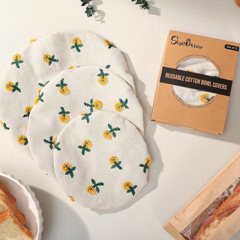 Reusable Bowl Covers for Bread Proofing, Embroidered Daisy Linen Cotton Cloth, Eco-friendly