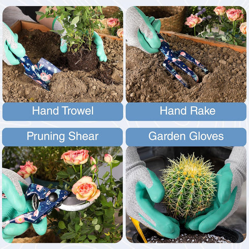 WORKPRO 5PCS Garden Tool Set, Heavy Duty Aluminum Tools with Garden Tool Bag, Blue Insect and Flower
