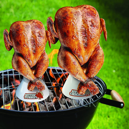 2 Pack- 18lb Sittin' Turkey & Chicken Combo Ceramic Roaster for BBQ, Oven, Grill- Vertical Beer Can Poultry Steamers