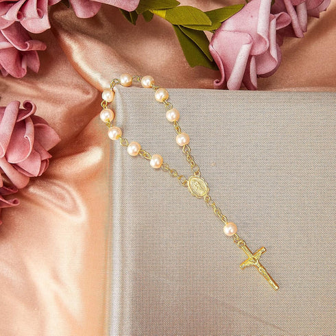 Junkin 30 Pieces Baptism Rosary, Acrylic Rosary Beads in Ivory Color with Gold Plated Faux Pearls and Organza Bags