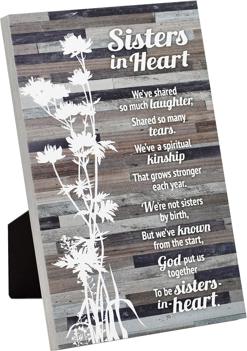 Sisters in Heart Wood Plaque - Made in the USA, 6x9 Inch Rustic Vertical Frame Wall and Tabletop Decoration
