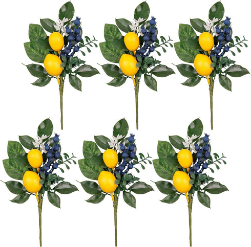 Valery Madelyn 6 Packs Spring Summer Picks with Lemons, Blueberry, Eucalyptus Leaves, Artificial Fruit Lemon Branches