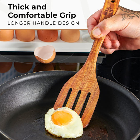 Wooden Spatula for Cooking - Teak Utensils Set of 4 including Paddle, Turner, Slotted Spurtle, and Scraper