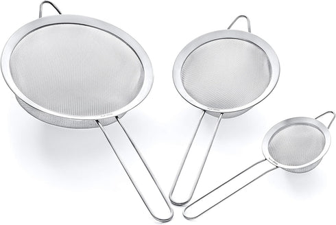 Premium 304 Stainless Steel Strainer Set, Fine Mesh, 8 , 5.5 , and 3.3 Sturdy Kitchen Strainers (Silver)