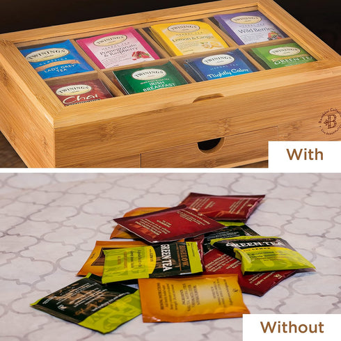 8 Set Bambuesi Tea Box Organizer with Drawer - Compartment Bamboo Wooden Tea Storage Chest with Acrylic Window