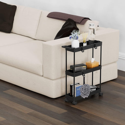 Simple Houseware 3-Tier Slim Kitchen Cart, Super Narrow with Handle, Hooks, and Storage Shelves, Black