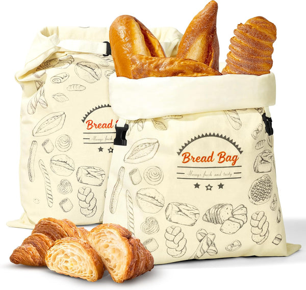 BuyCard 2 Packs Bread Bag Reusable Beeswax Food Storage Bag, Natural Cotton