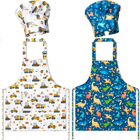 GROBRO7 4Pcs Kids Apron Chef Hat Set, Adjustable Kitchen Toddler Aprons with 2 Pockets for Baking Cooking Gift for