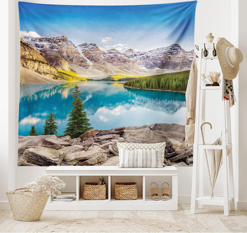 Ambesonne Landscape Tapestry, Still Calm Lake and Mountain Landscape Print, Wide Wall Hanging for Bedroom Living Room,