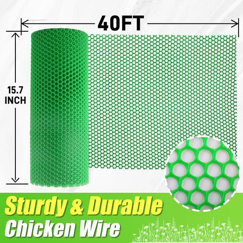 16in 40ft Garden Fence Green Plastic Mesh- x Plastic Chicken Wire Plastic Netting for Floral Arrangements, Poultry
