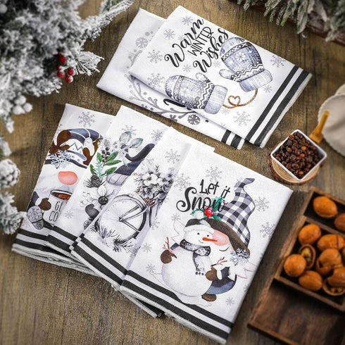 6 Preboun Pcs Hello Winter Kitchen Towels Snowman Gnome Dish Snowflake Tea Christmas Hand Drying Towels Baking Cooking