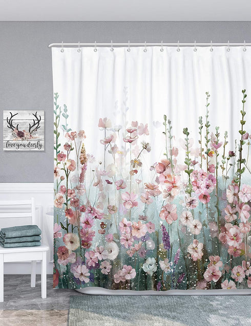 SUMGAR 72 x 72 inch Colorful Flowers Shower Curtain Set with Hooks - Pink Floral Romantic Wildflower Plants