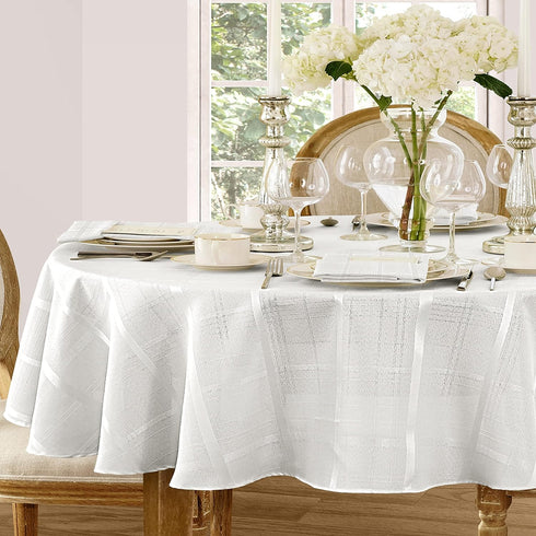 Newbridge 60 x 84 Inch Oval Fabric Tablecloth, Elegance Plaid, 100% Polyester, White, No Iron Soil Resistant