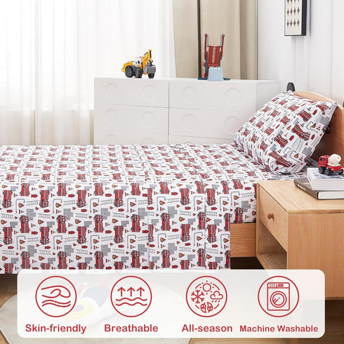 Set, 3 Softan Kids Bed Sheet Boys Twin Size Sheets, Microfiber Kids Fitted Sheet and Pillowcase, Breathable and Silky