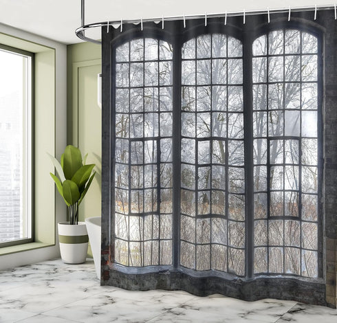 Ambesonne Industrial Shower Curtain, Old Large Window with Broken Panes, 69" W x 70" L, Green White